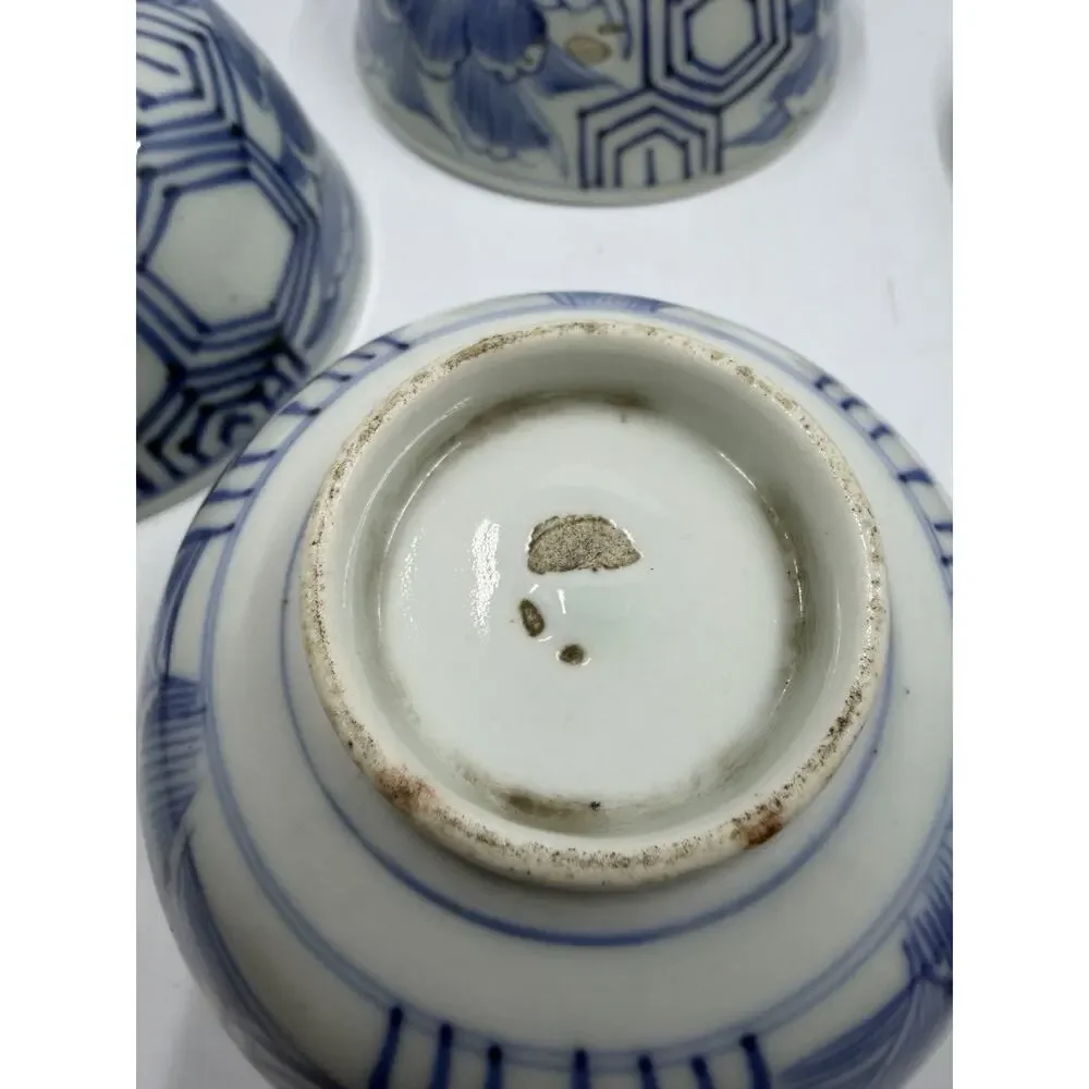 Antique Japanese Imari Blue & White Porcelain Tea Bowls, Set of 5, Meiji Era